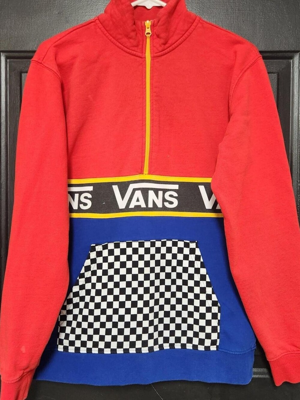 Vans Quarter Zip Pullover Sweatshirt Small Red Blue Checkerboard Pocket Skater